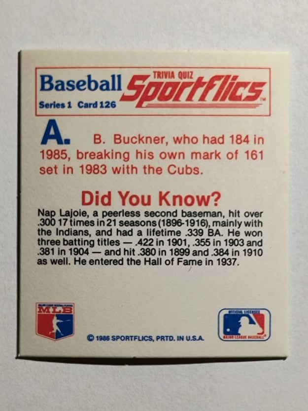 1986 Sportflics Trivia #126 Baseball Trivia Quiz