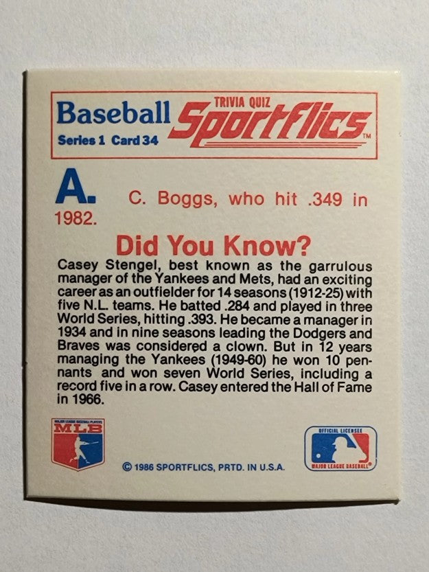 1986 Sportflics Trivia #34 Baseball Trivia Quiz