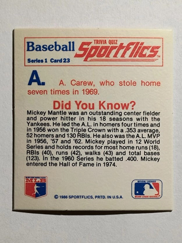 1986 Sportflics Trivia #23 Baseball Trivia Quiz