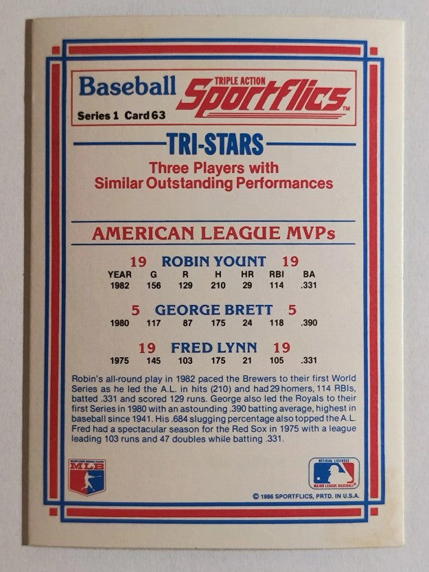 1986 Sportflics #63 George Brett/Fred Lynn/Robin Yount