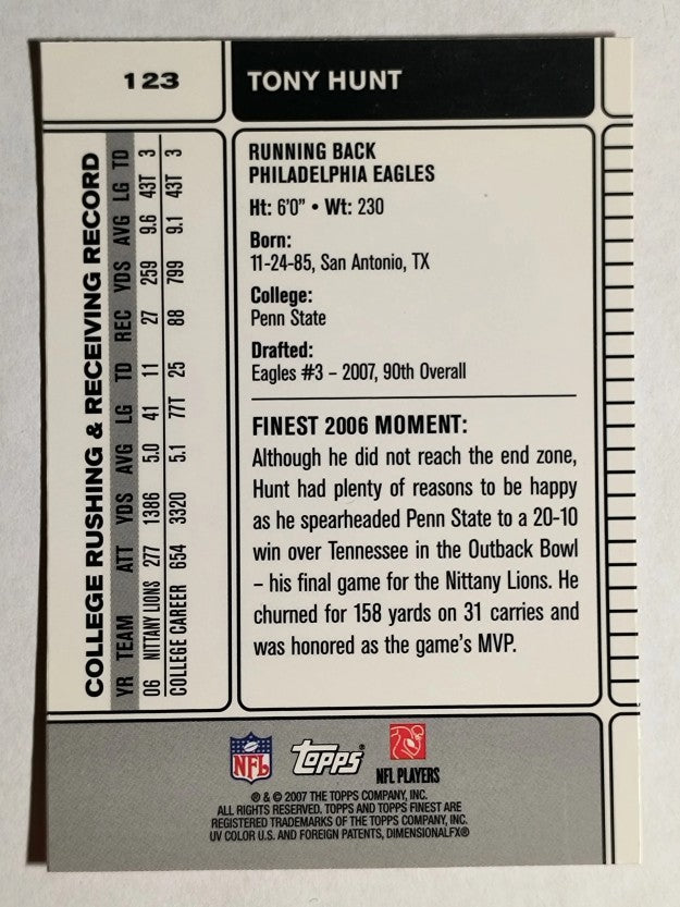 2007 Finest #123 Tony Hunt RC