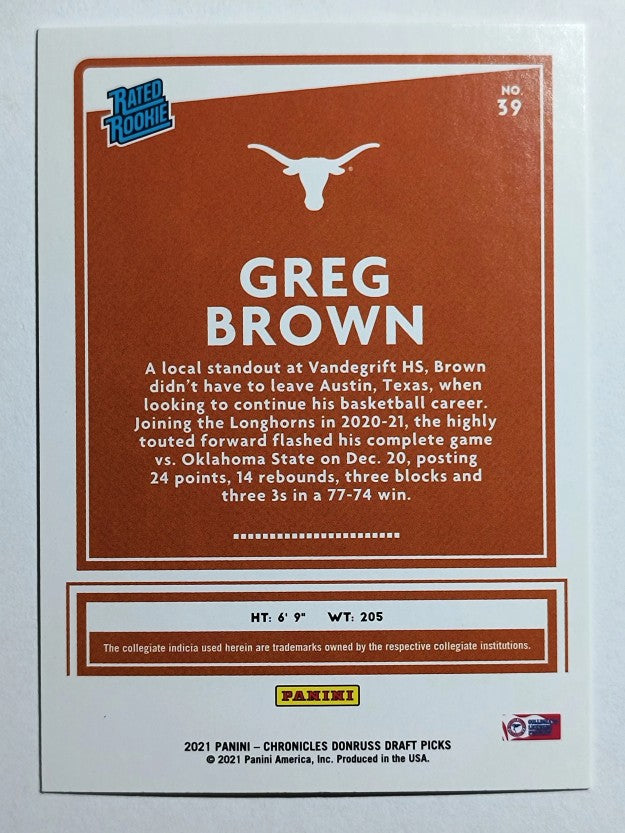 2021-22 Panini Chronicles Draft Picks #39 Greg Brown III/Donruss