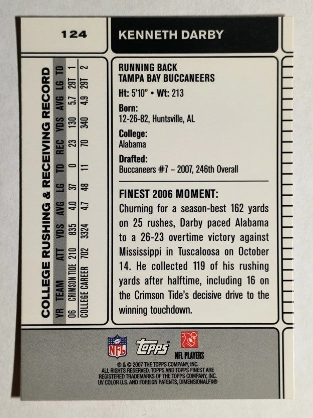 2007 Finest #124 Kenneth Darby RC