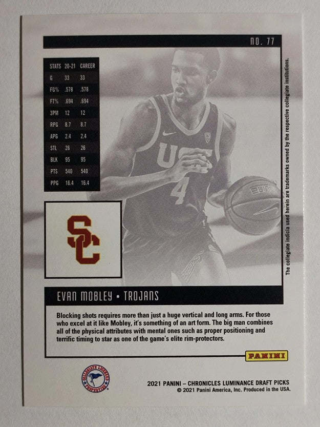2021-22 Panini Chronicles Draft Picks #77 Evan Mobley/Luminance