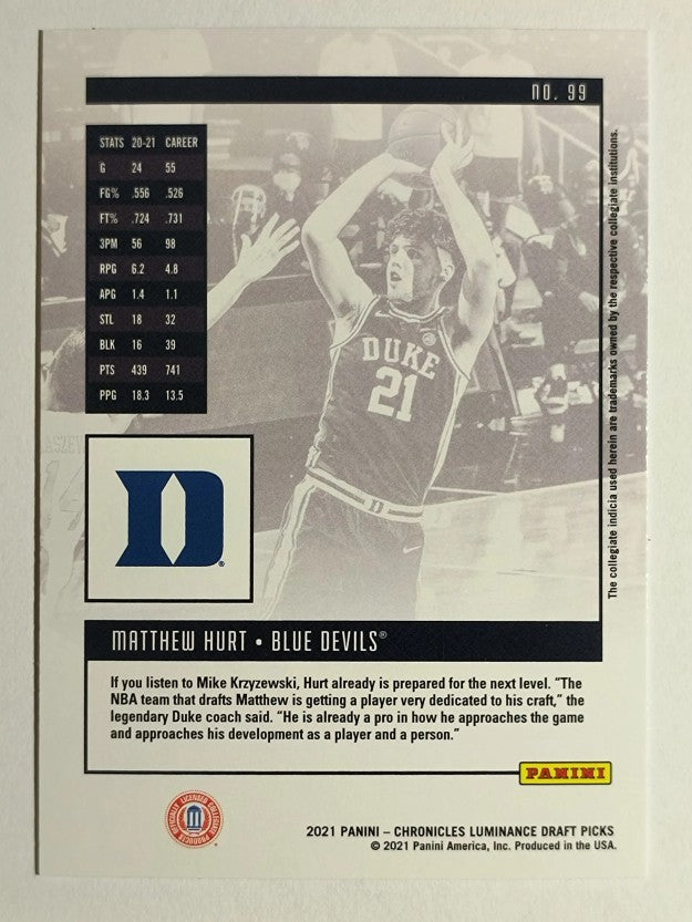 2021-22 Panini Chronicles Draft Picks #99 Matt Hurt/Luminance
