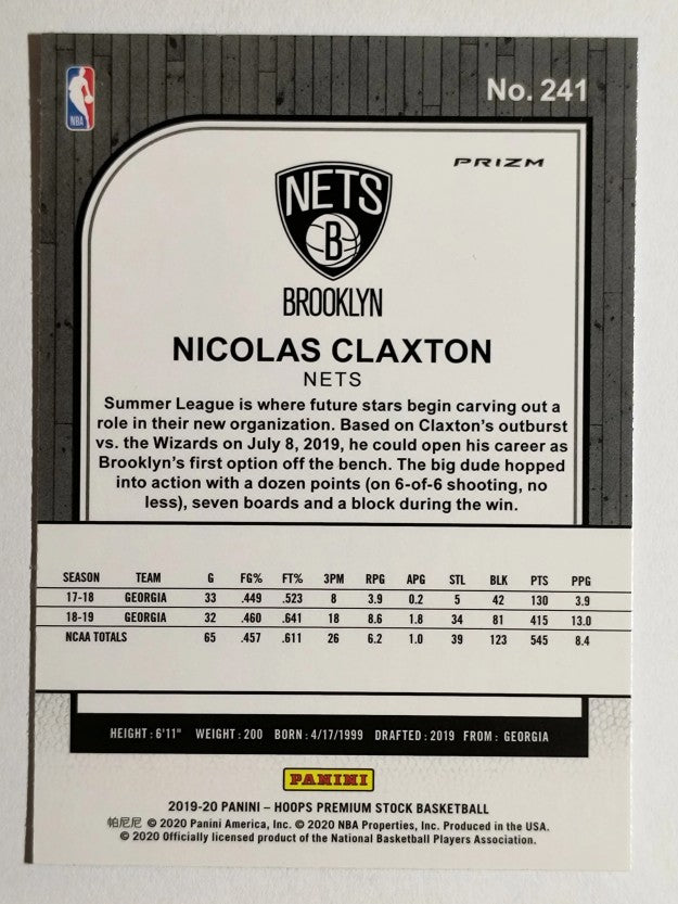 2019-20 Hoops Premium Stock Prizms Blue Cracked Ice #241 Nicolas Claxton
