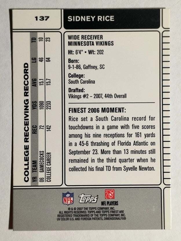 2007 Finest #137 Sidney Rice RC