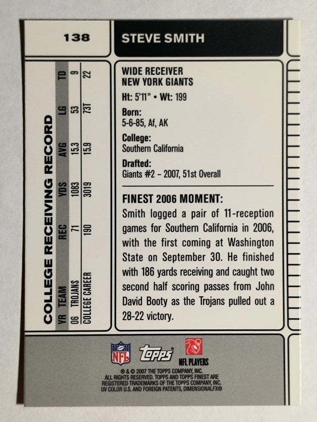 2007 Finest #138 Steve Smith USC RC