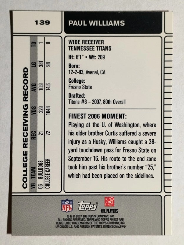 2007 Finest #139 Paul Williams RC