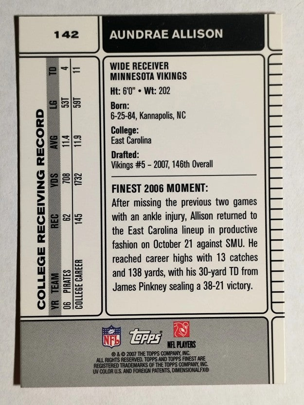2007 Finest #142 Aundrae Allison RC