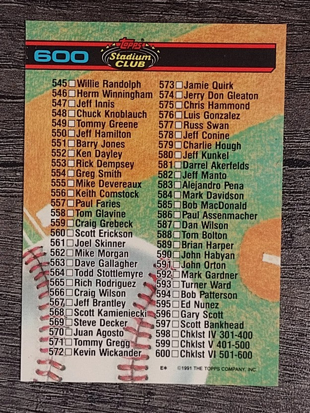 1991 Stadium Club #600 Checklist 501-600