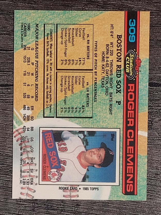1991 Stadium Club #309 Roger Clemens