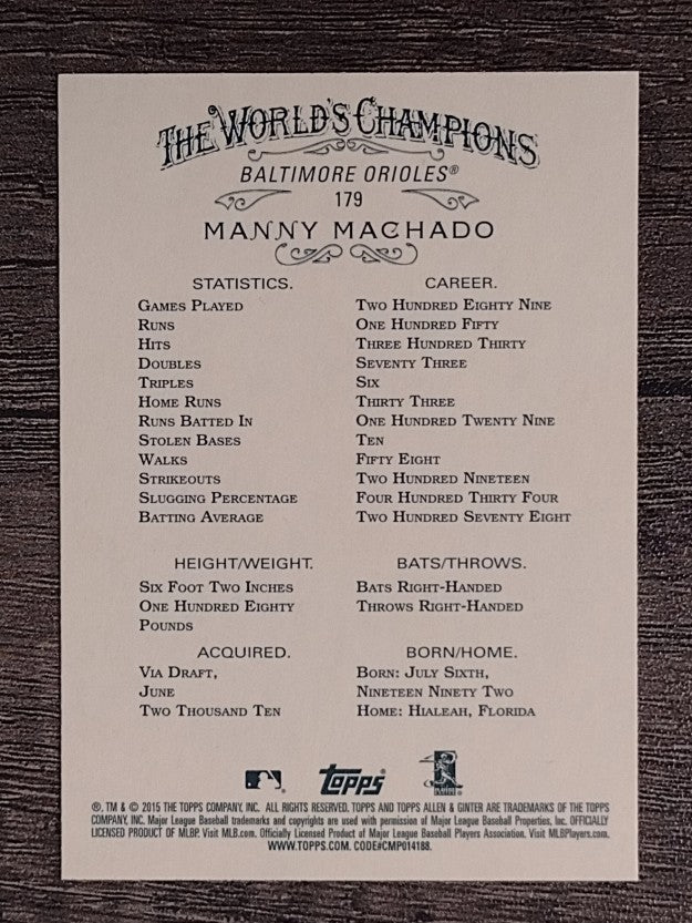 2015 Topps Allen and Ginter #179 Manny Machado