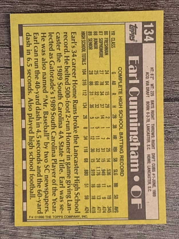 1990 Topps #134 Earl Cunningham FDP RC