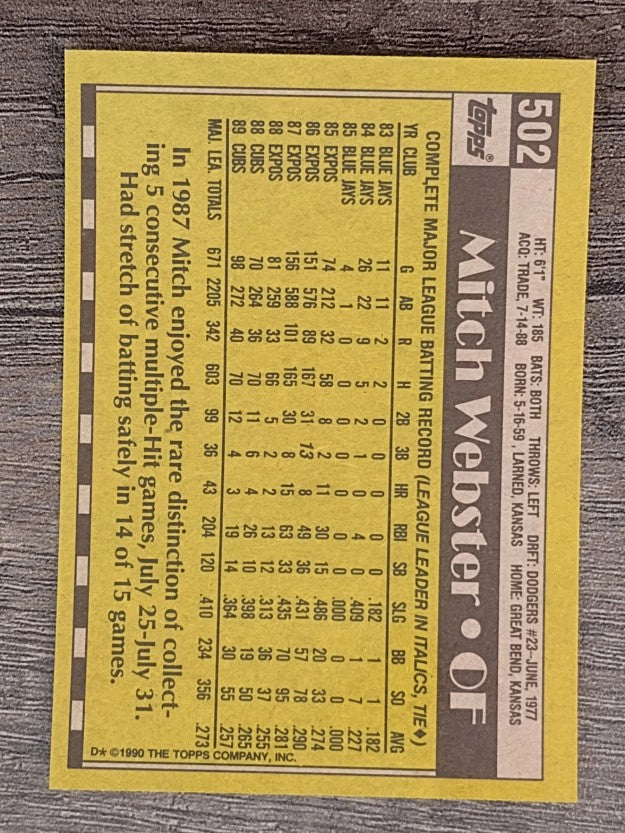 1990 Topps #502 Mitch Webster