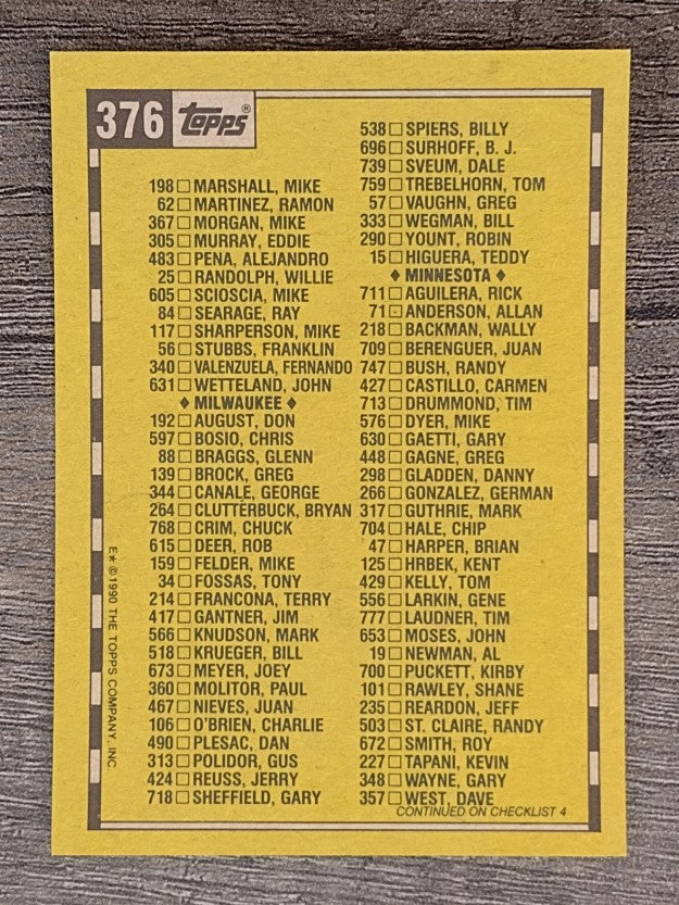 1990 Topps #376 Checklist 3