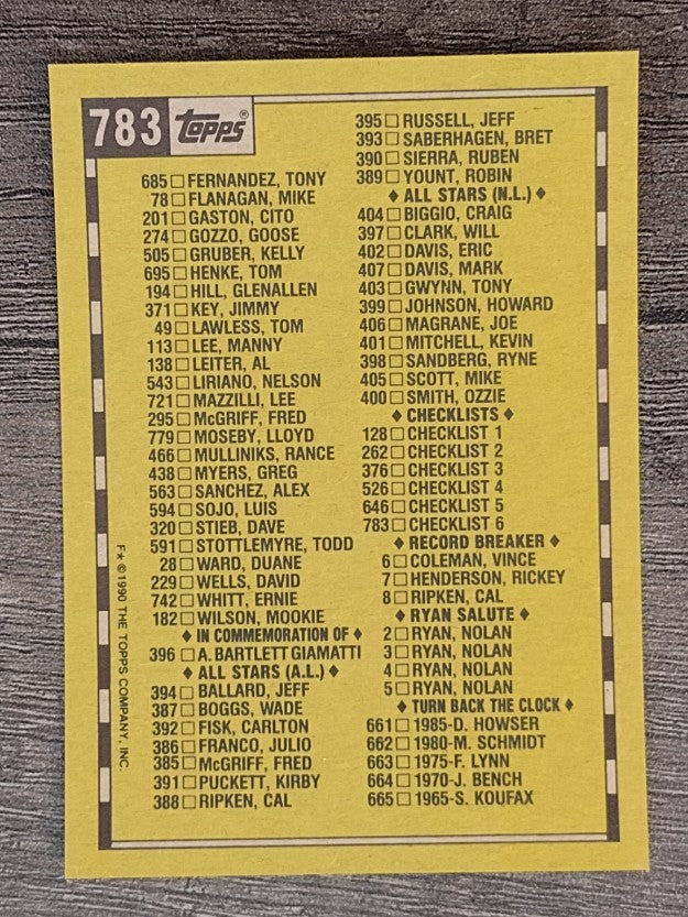 1990 Topps #783 Checklist 6