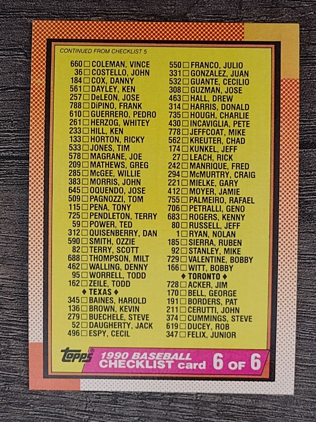 1990 Topps #783 Checklist 6