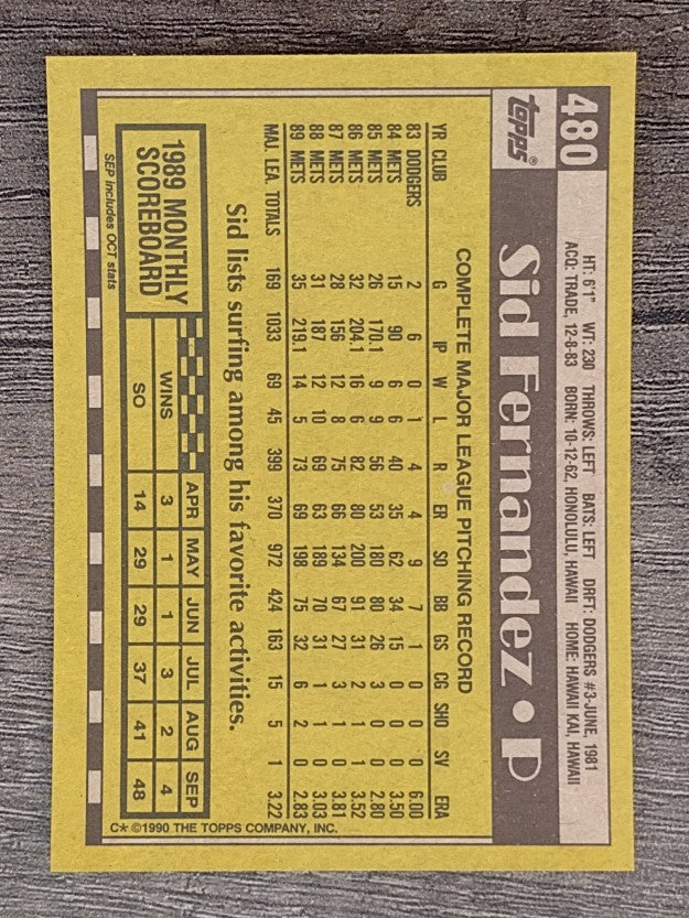 1990 Topps #480 Sid Fernandez