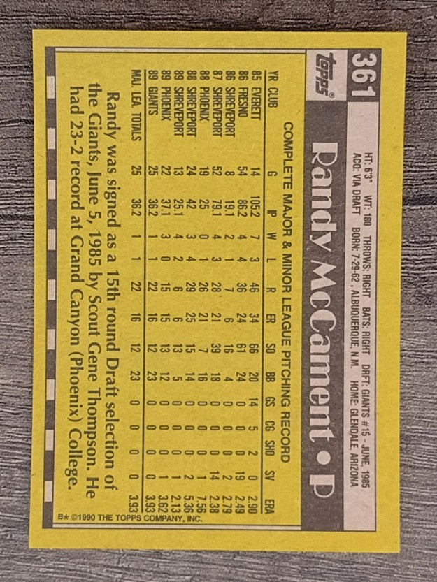 1990 Topps #361 Randy McCament RC
