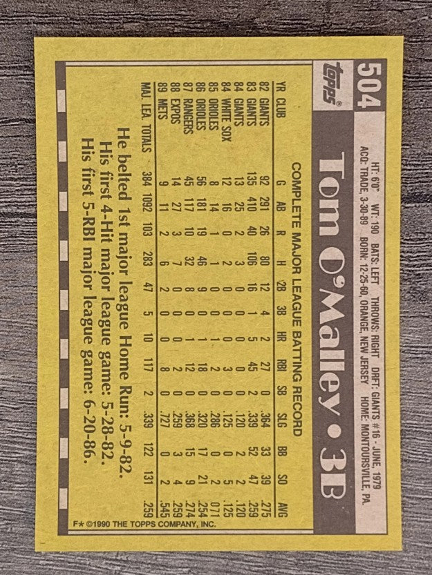 1990 Topps #504 Tom O'Malley