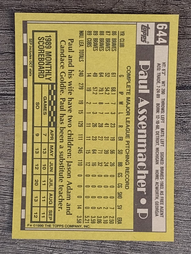 1990 Topps #644 Paul Assenmacher