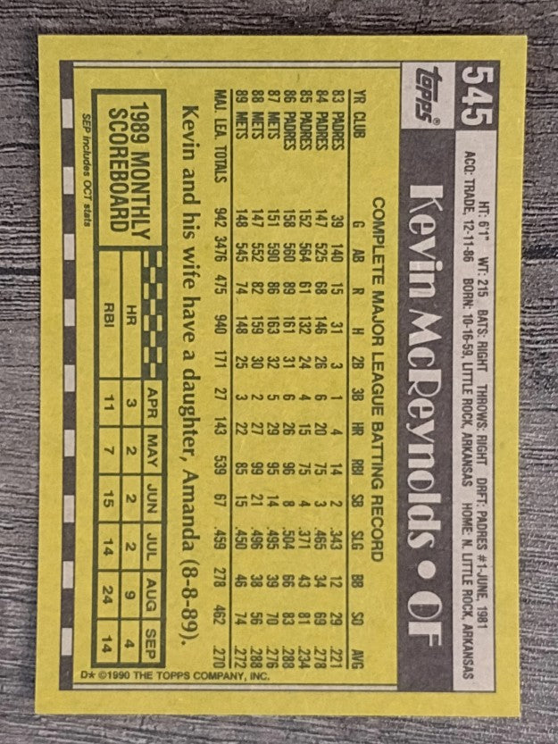 1990 Topps #545 Kevin McReynolds