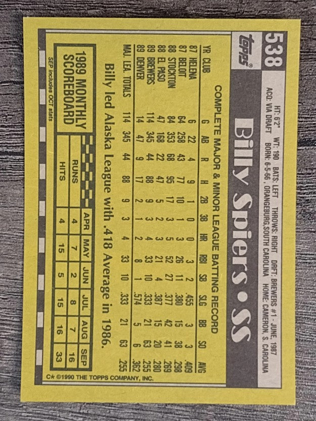 1990 Topps #538 Bill Spiers