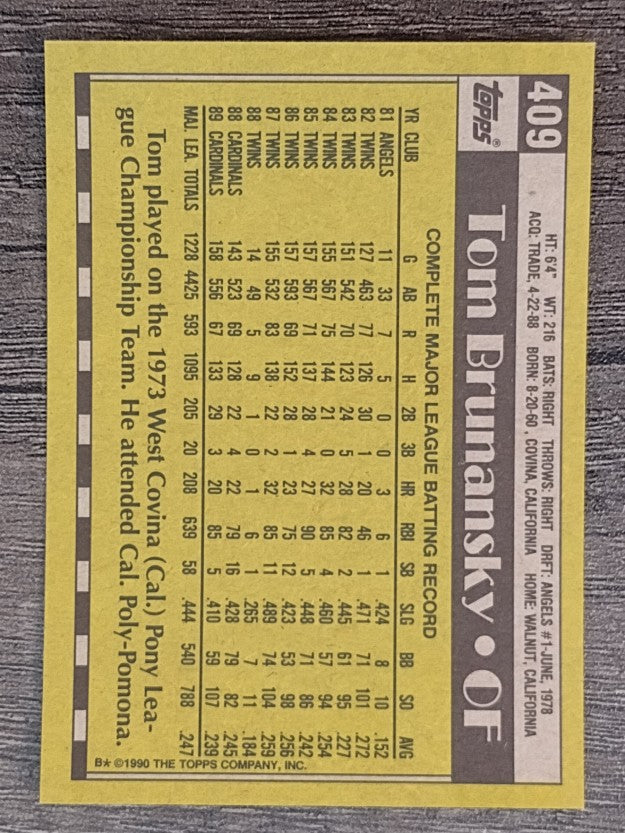 1990 Topps #409 Tom Brunansky