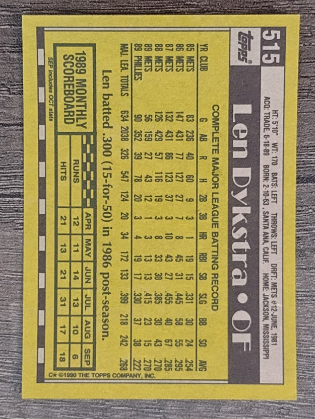 1990 Topps #515 Len Dykstra