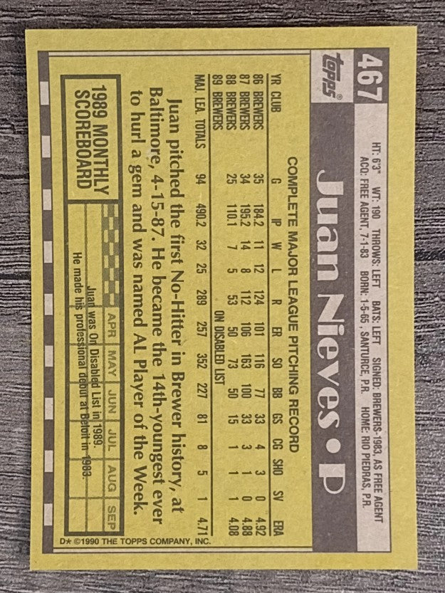 1990 Topps #467 Juan Nieves