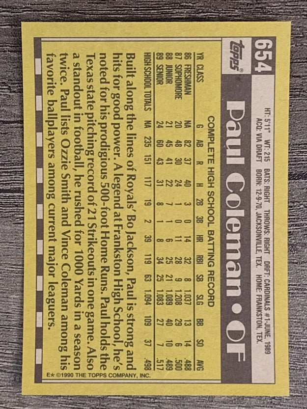 1990 Topps #654 Paul Coleman FDP RC