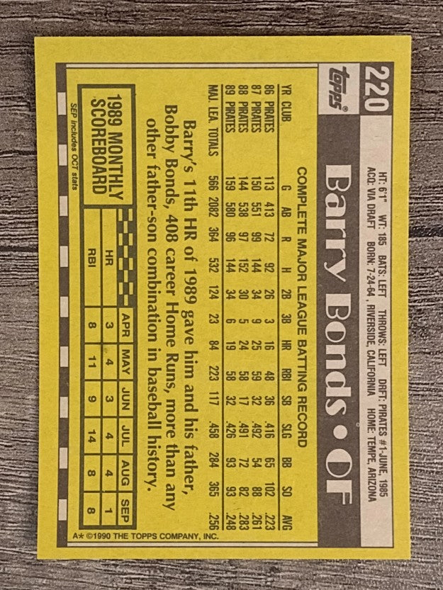 1990 Topps #220 Barry Bonds