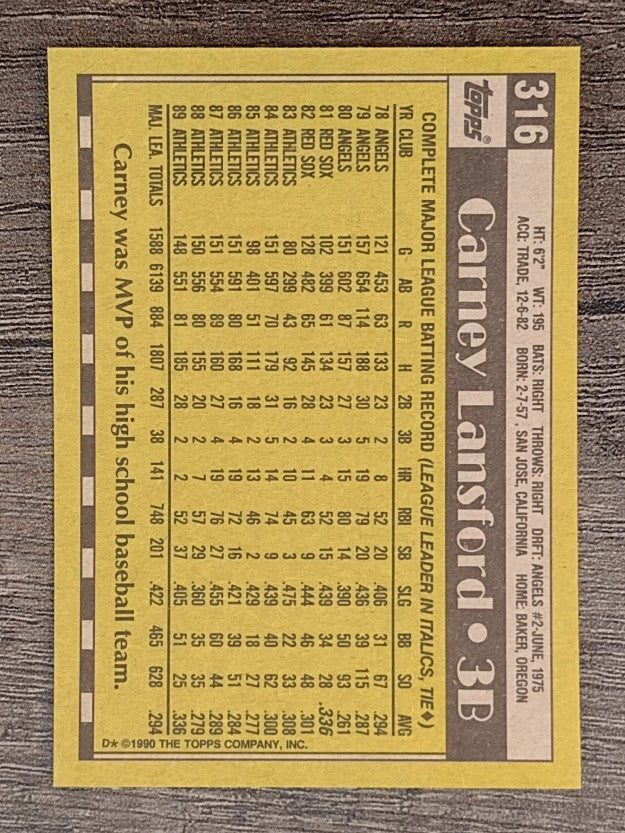 1990 Topps #316 Carney Lansford