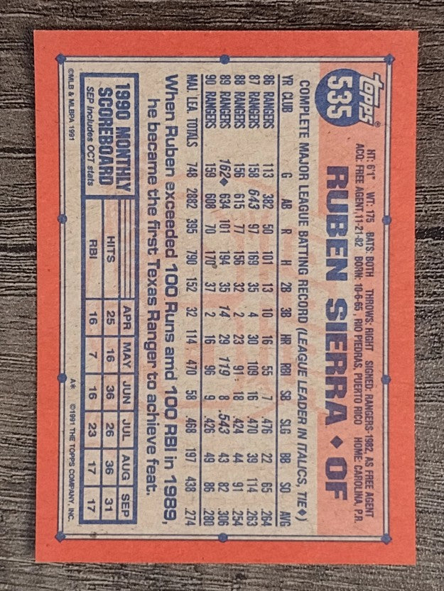 1991 Topps #535 Ruben Sierra