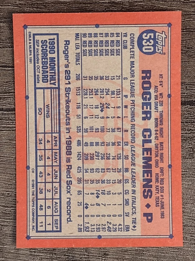 1991 Topps #530 Roger Clemens