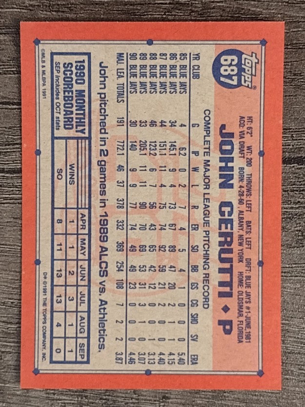 1991 Topps #687A John Cerutti ERR/4.46 ERA in '90