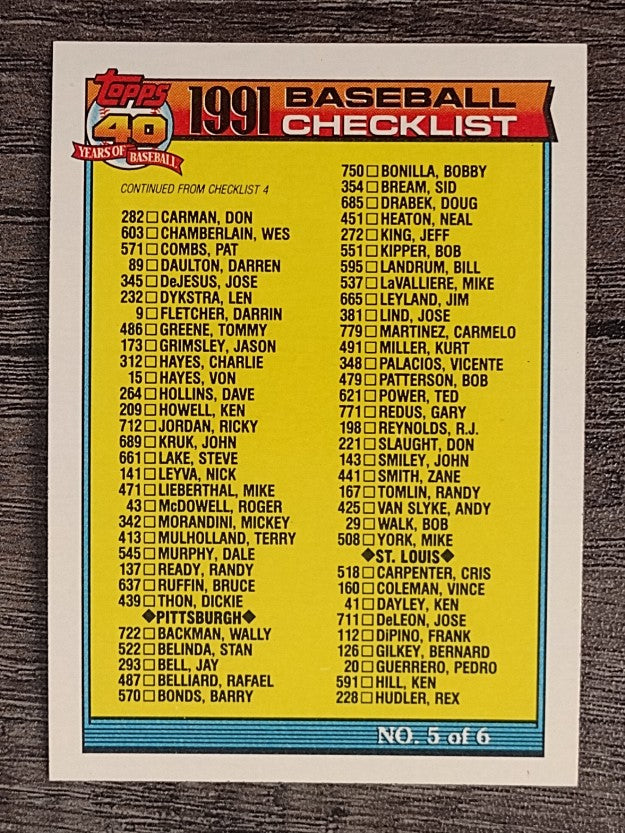 1991 Topps #656A Checklist 5 ERR/348 Vicente Palacios