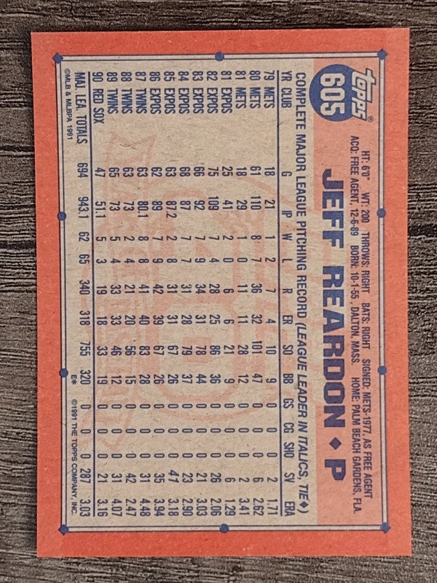 1991 Topps #605 Jeff Reardon