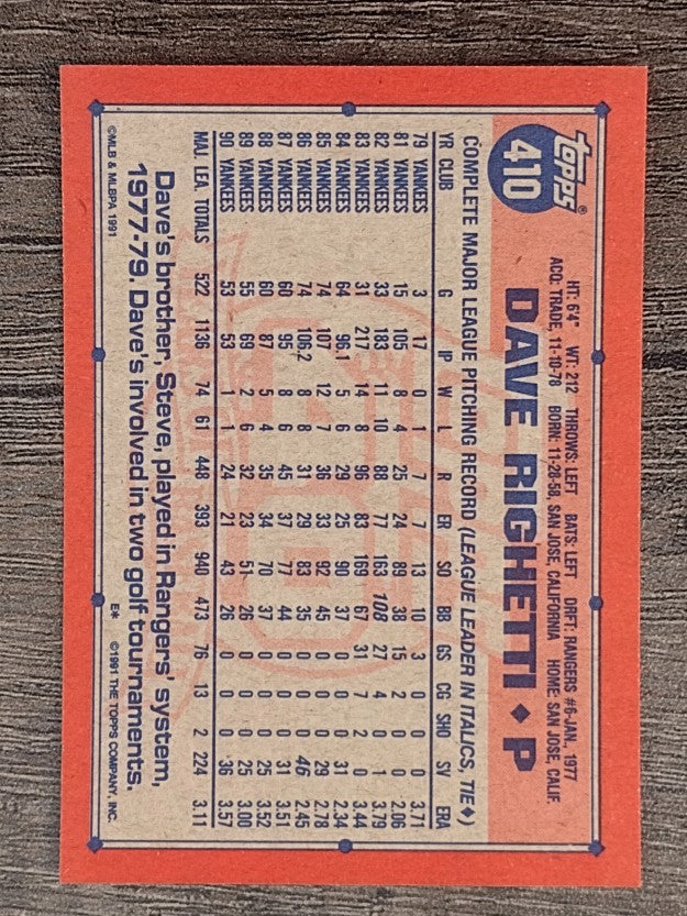 1991 Topps #410 Dave Righetti
