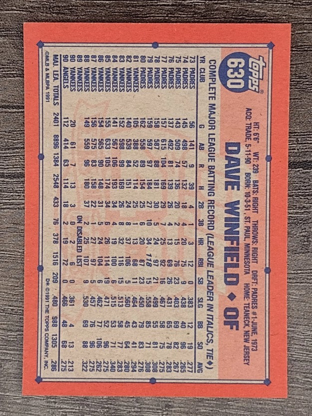 1991 Topps #630 Dave Winfield
