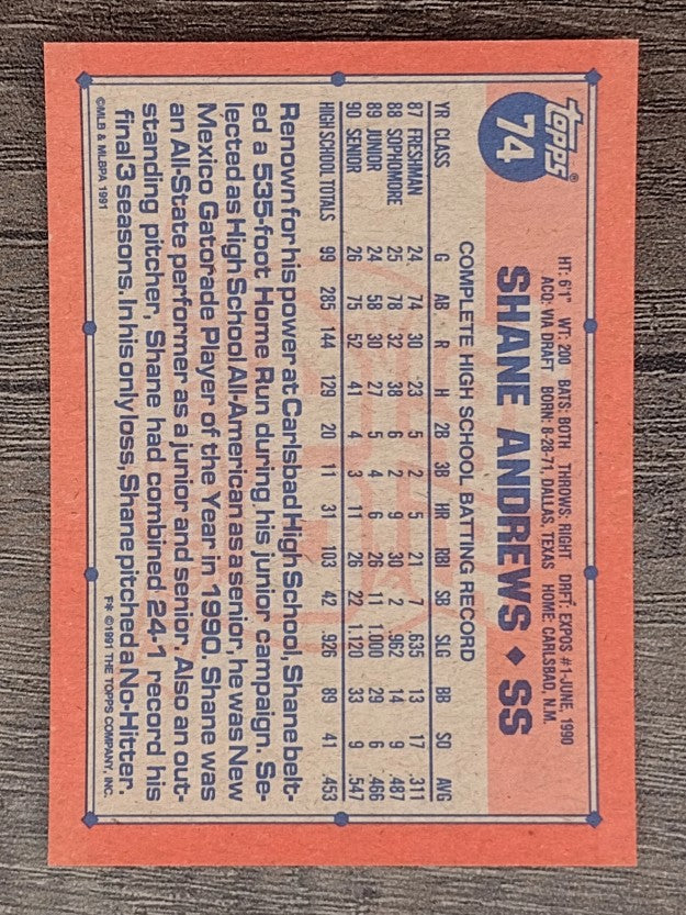1991 Topps #74 Shane Andrews RC