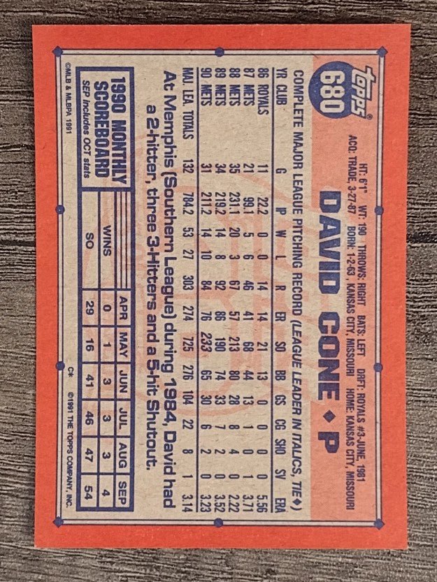 1991 Topps #680 David Cone