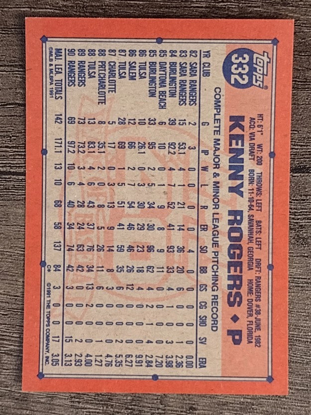1991 Topps #332 Kenny Rogers