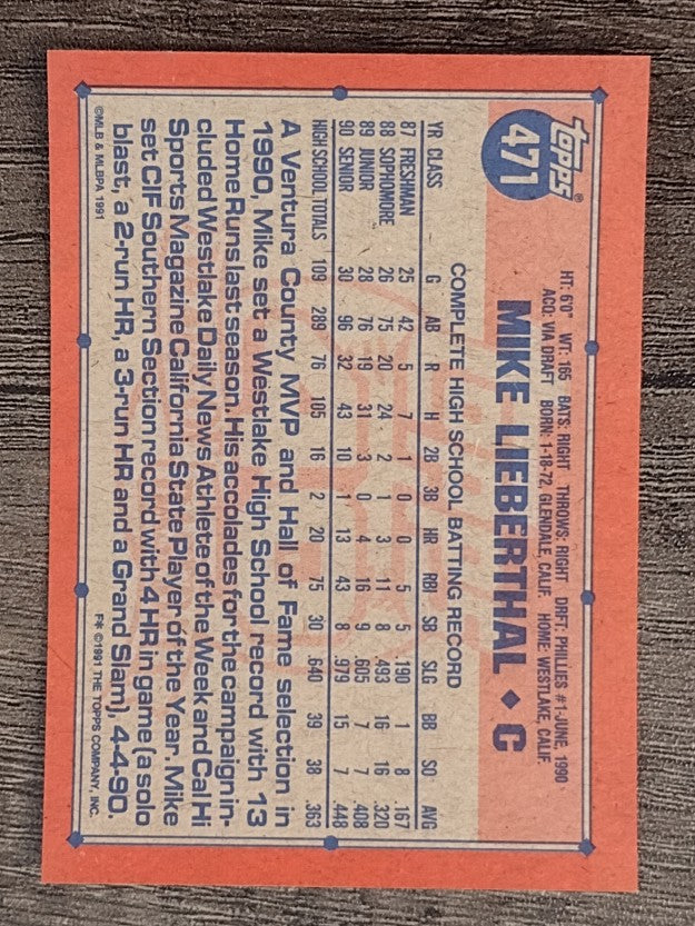 1991 Topps #471 Mike Lieberthal RC