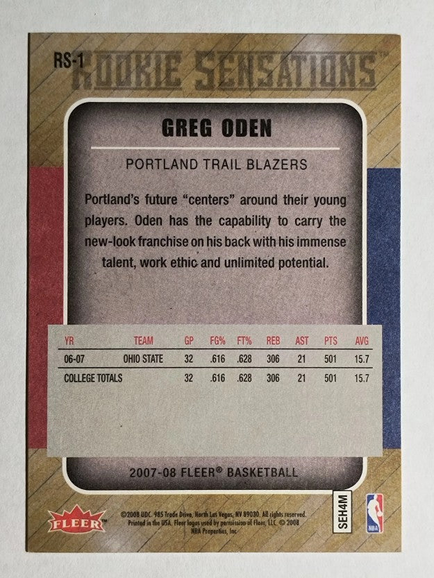 2007-08 Fleer Rookie Sensations #RS1 Greg Oden