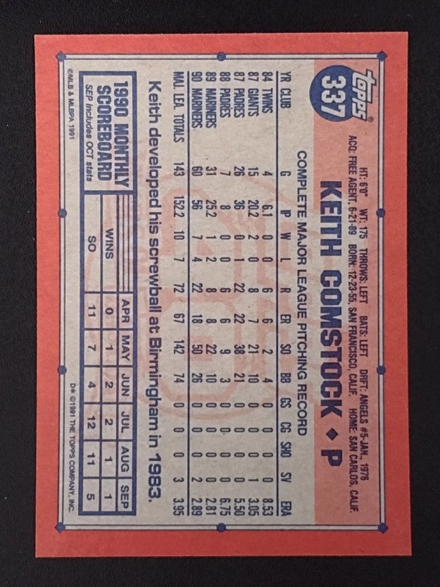 1991 Topps #337A Keith Comstock ERR/Cubs logo on front