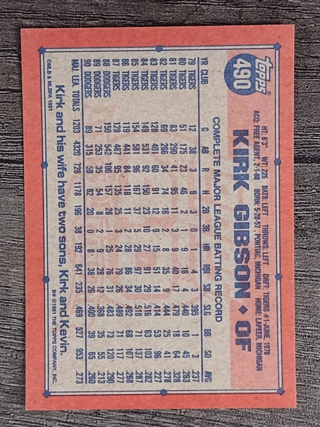 1991 Topps #490 Kirk Gibson