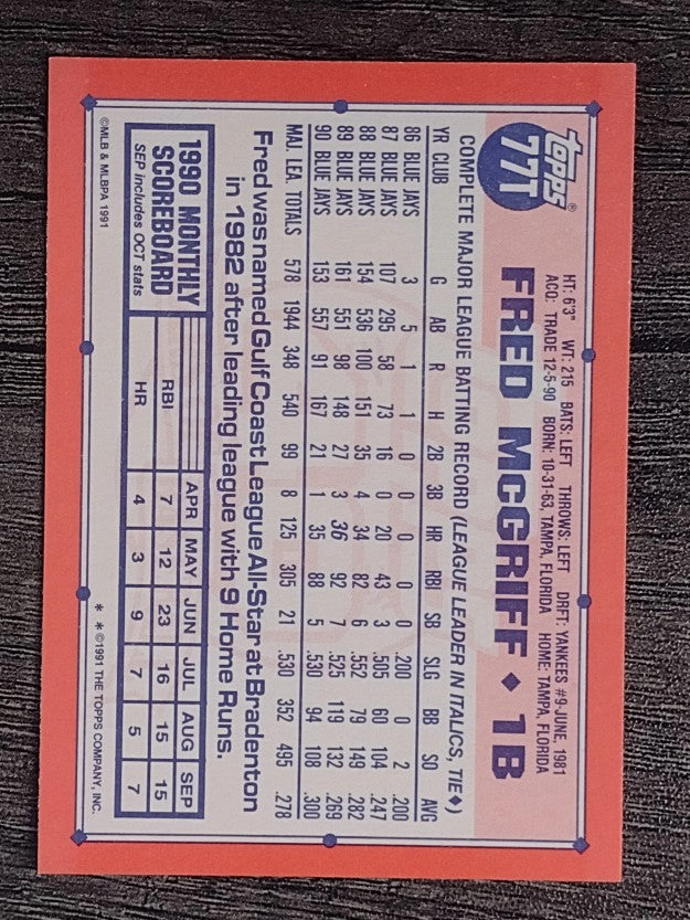 1991 Topps Traded #77T Fred McGriff