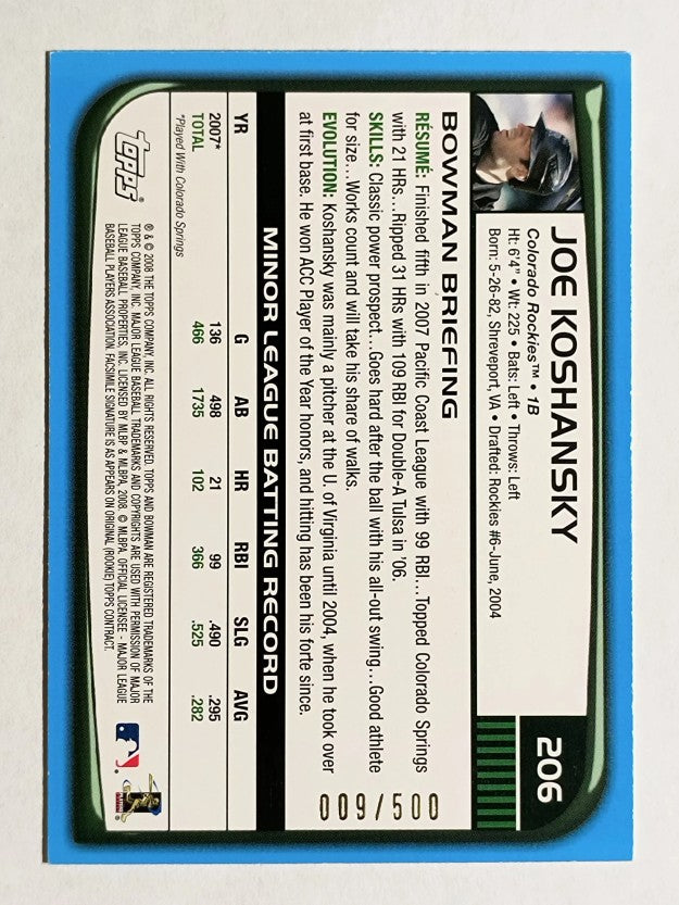 2008 Bowman Blue #206 Joe Koshansky